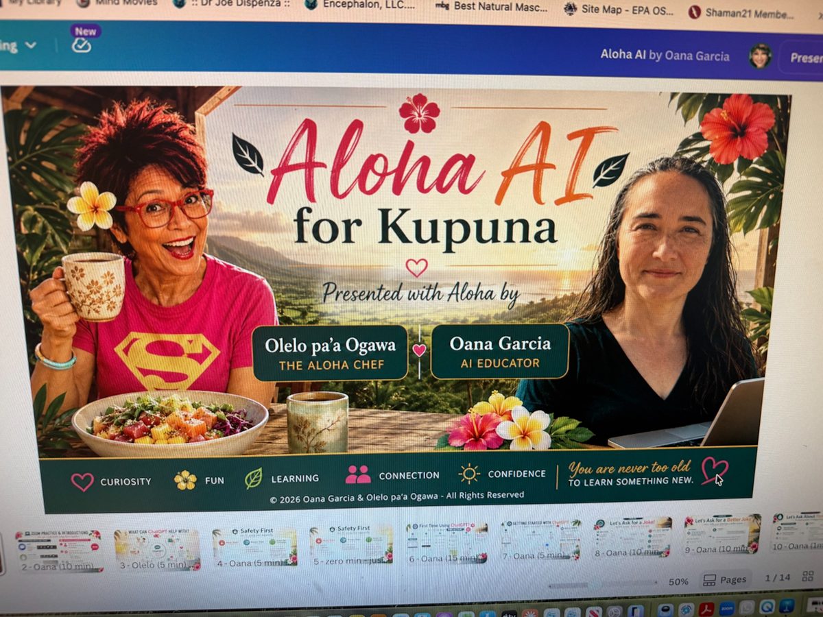 Aloha AI for Kūpuna presentation featuring Olelo paʻa Ogawa and Oana Garcia