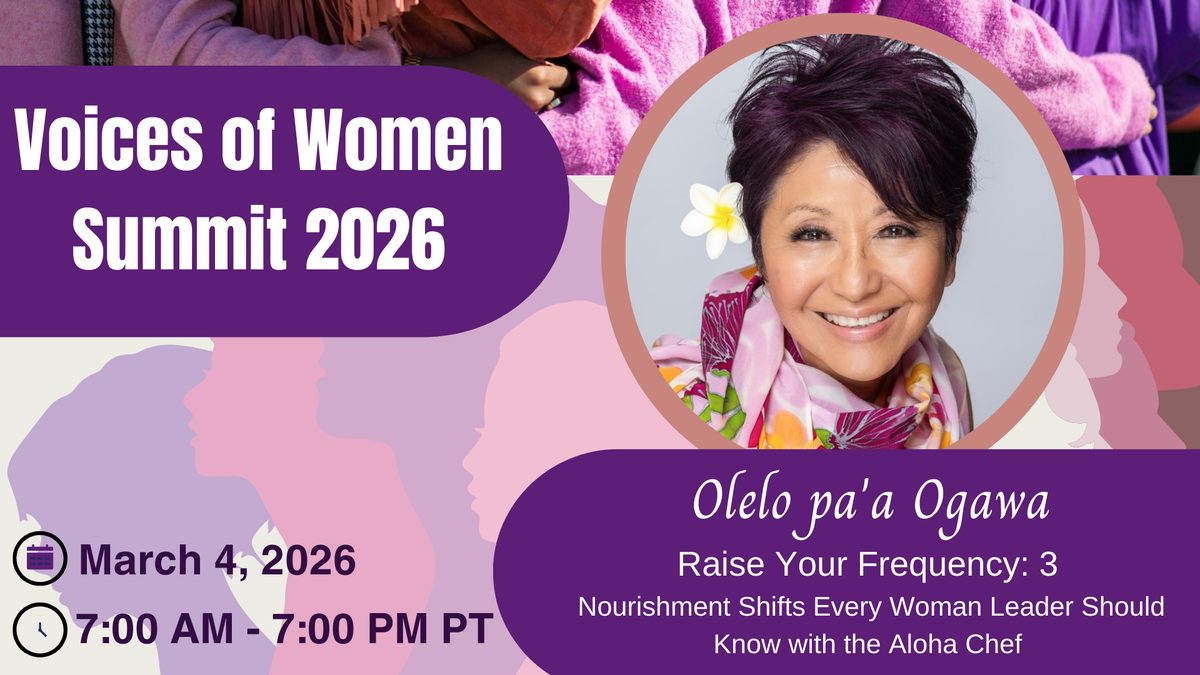 Voices of Women Summit 2026 speaker banner featuring Olelo paʻa Ogawa